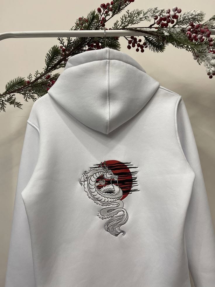 White hoodie with custom back embroidery