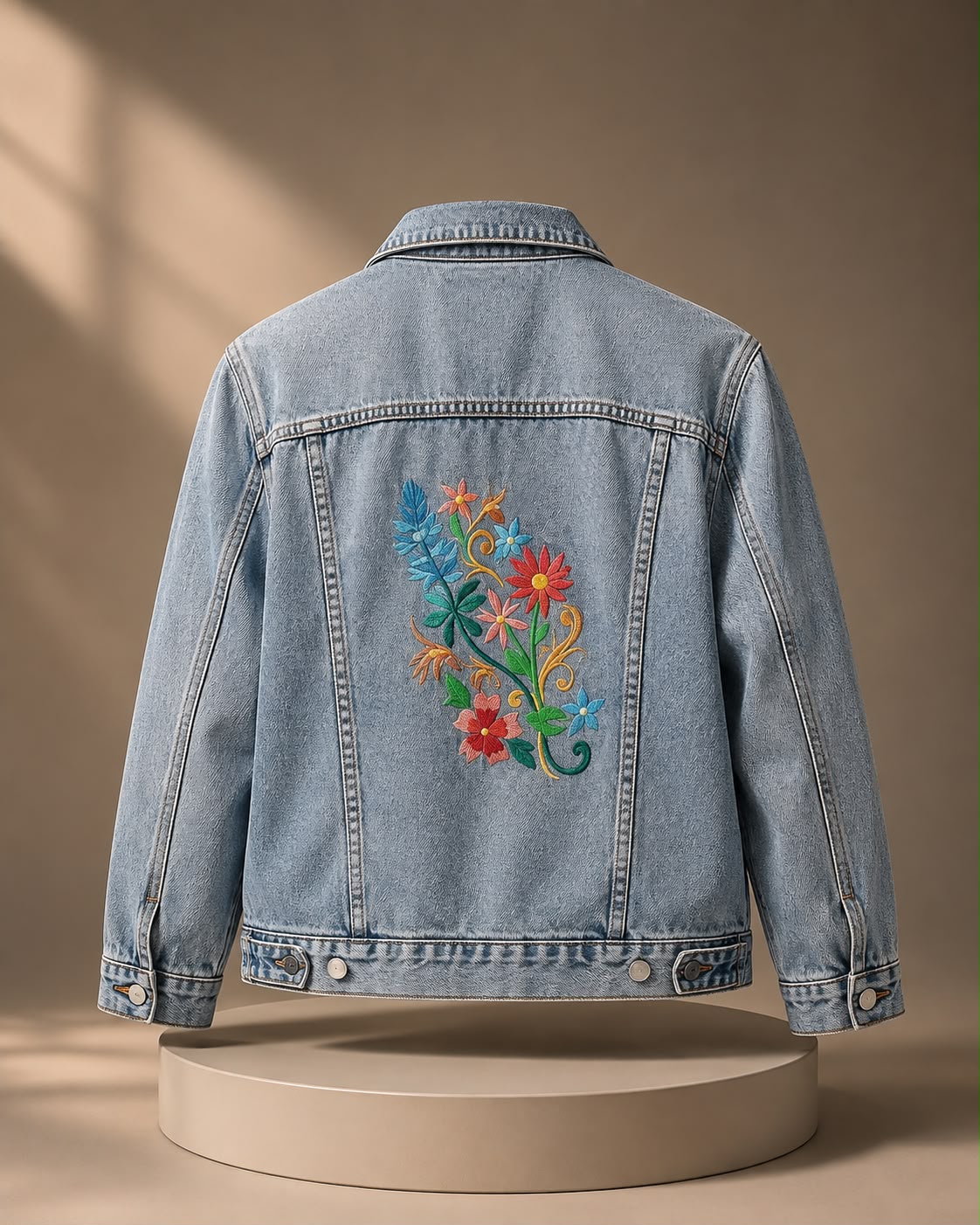 Denim jacket featuring floral embroidery on the back