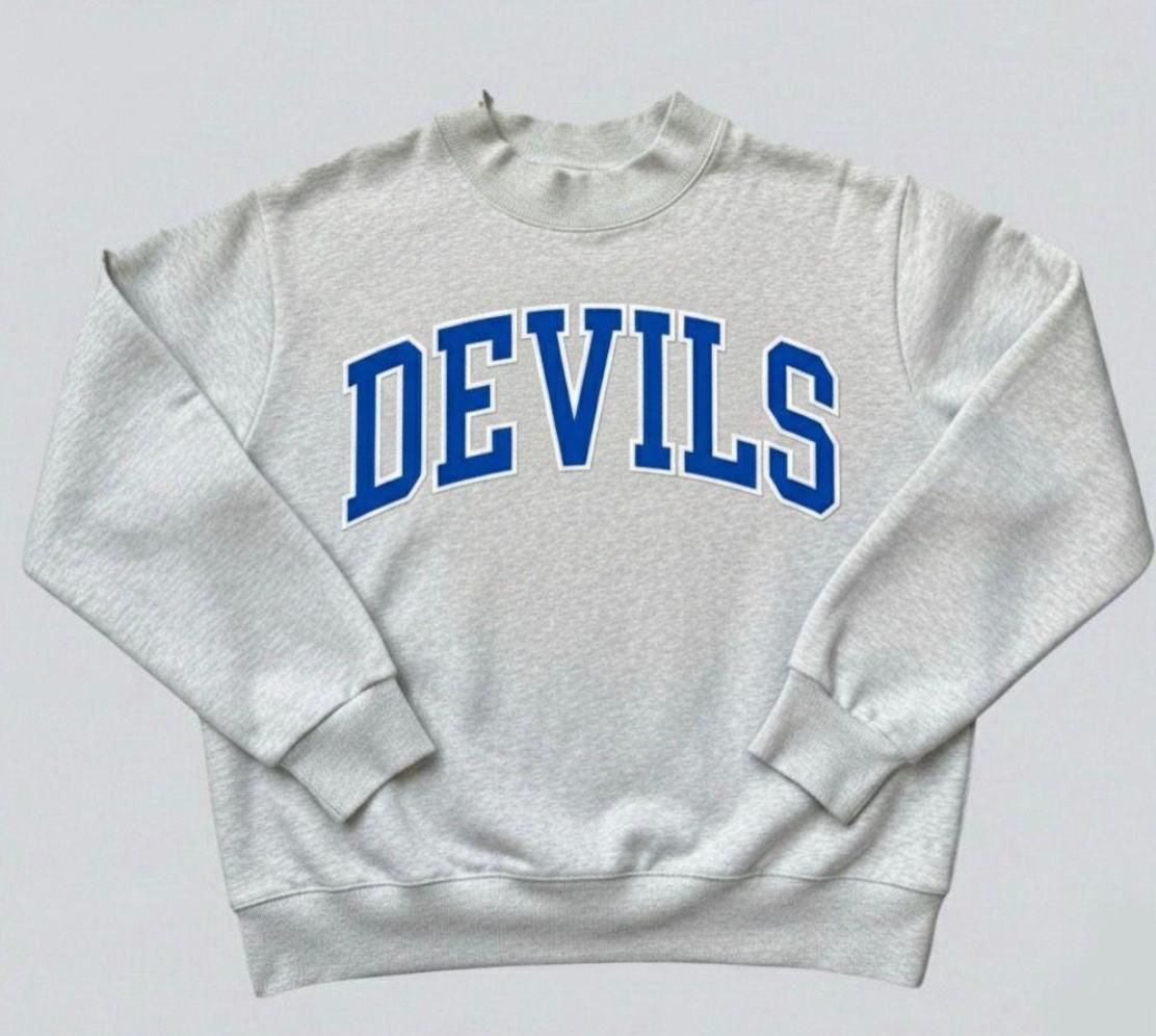 Grey long sleeve with blue collegiate graphic