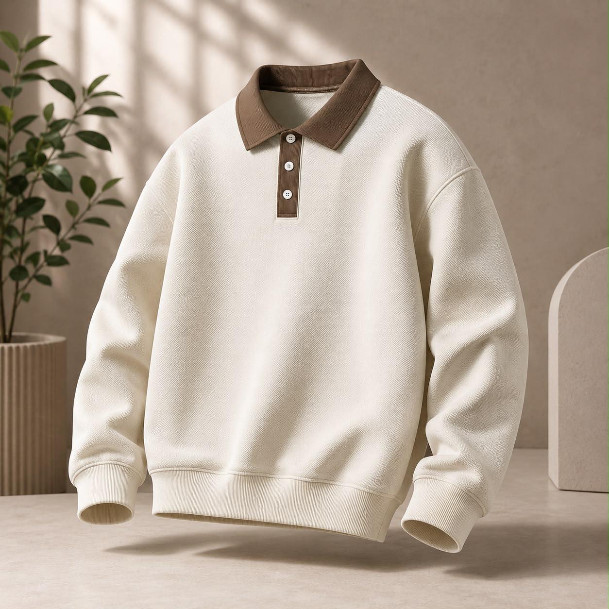 Cream long sleeve polo with brown collar