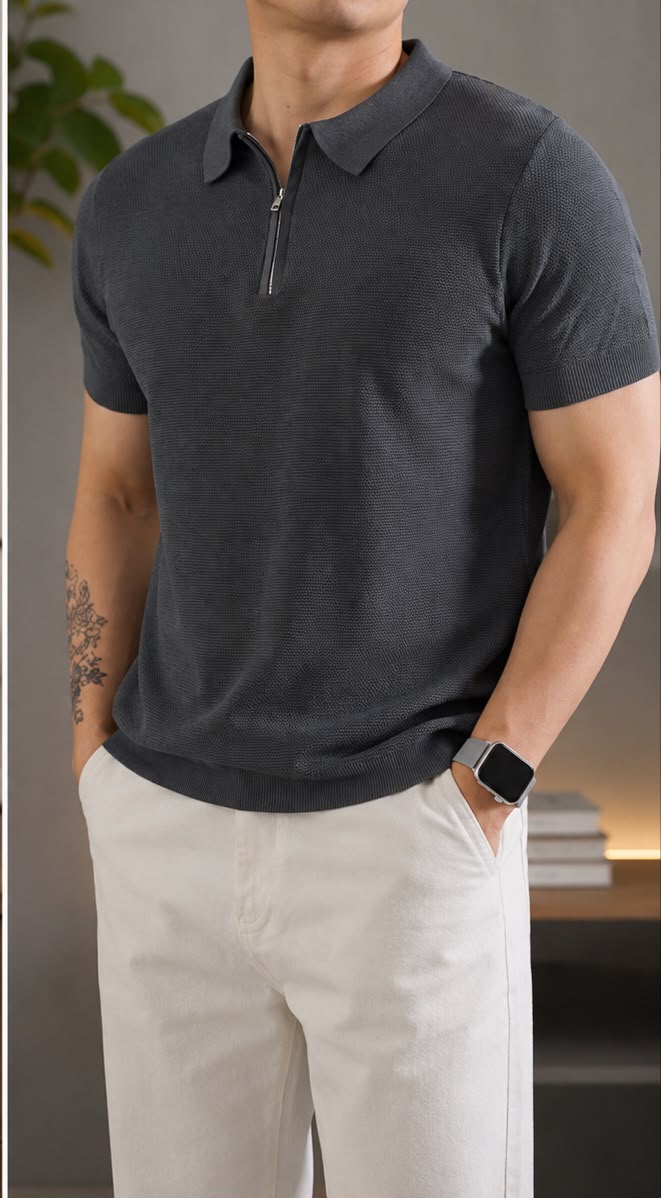 Charcoal zip-collar polo shirt