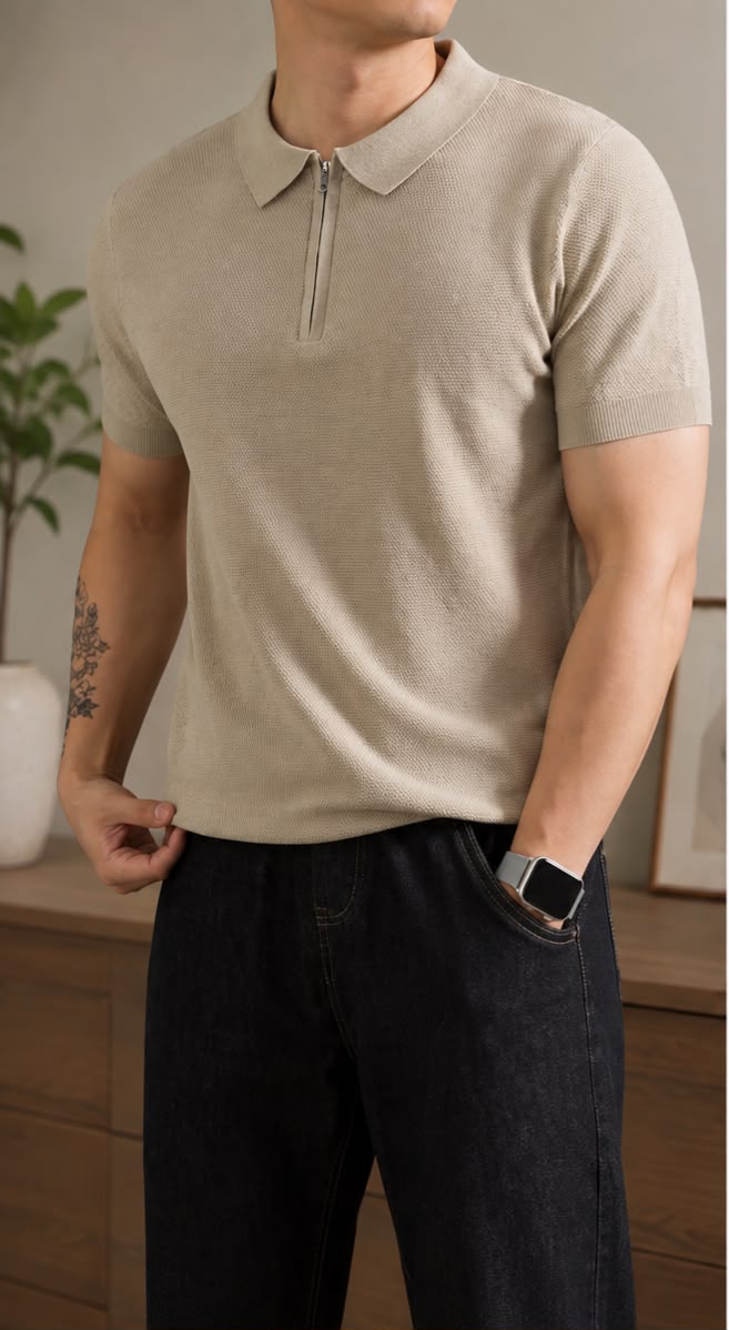 Sand zip-collar polo shirt
