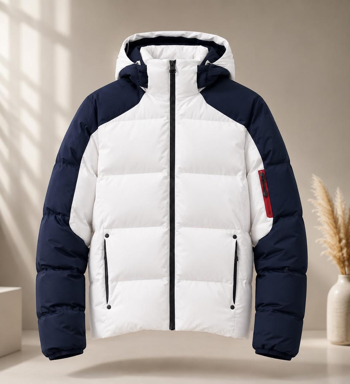White and navy hooded puffer jacket