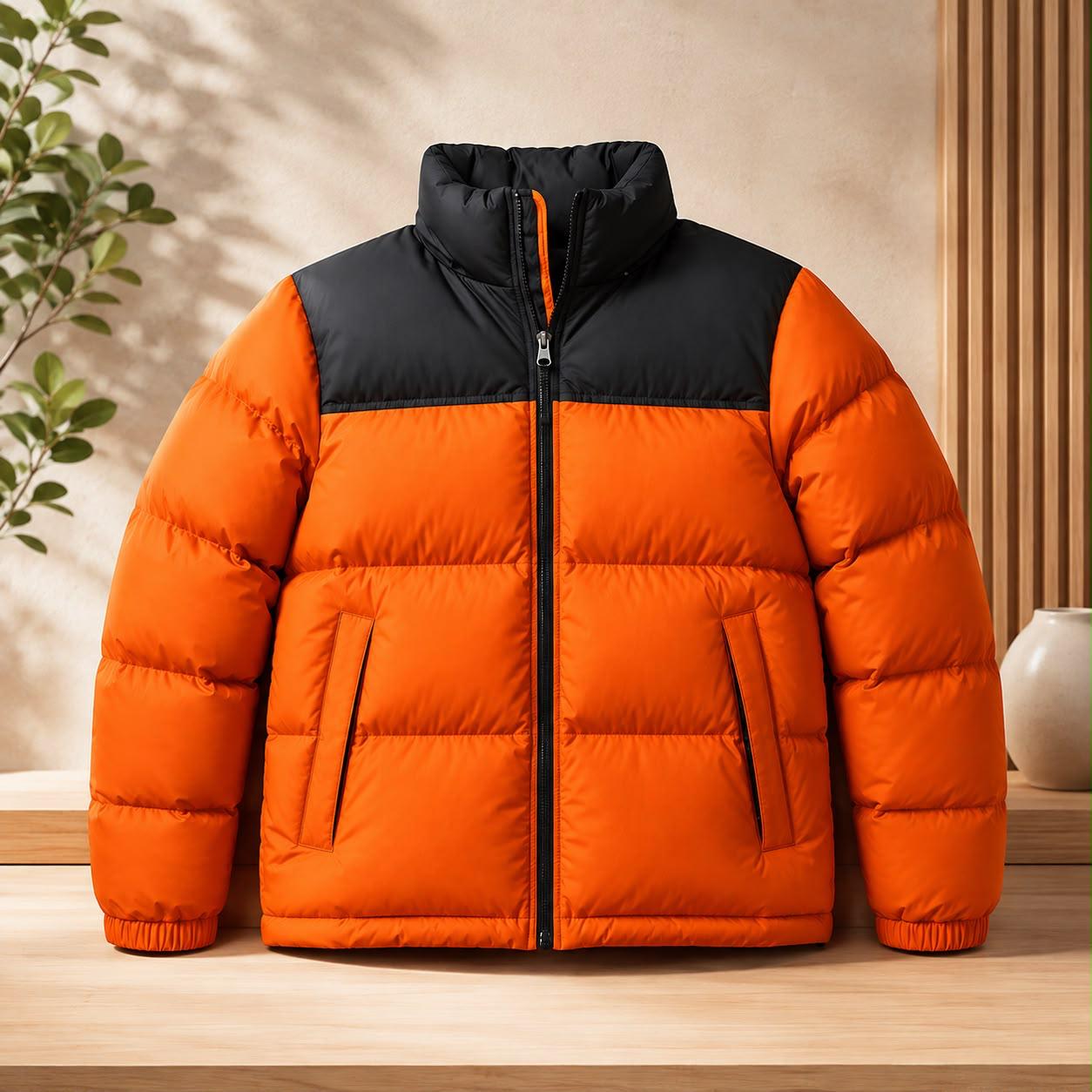 Orange and black panel puffer jacket