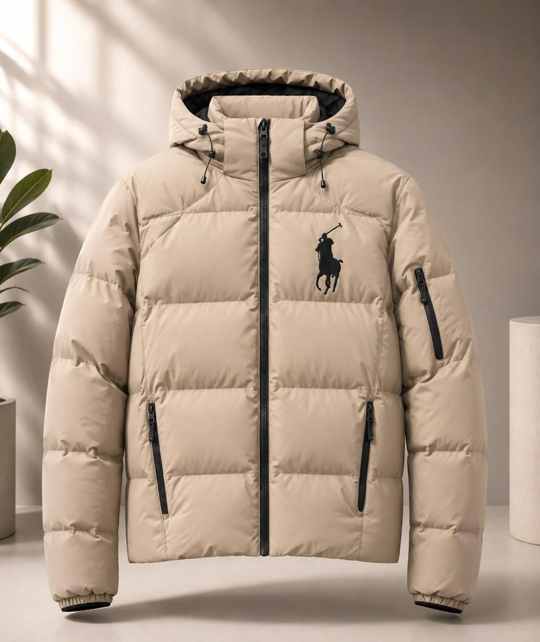 Sand-colored hooded puffer jacket