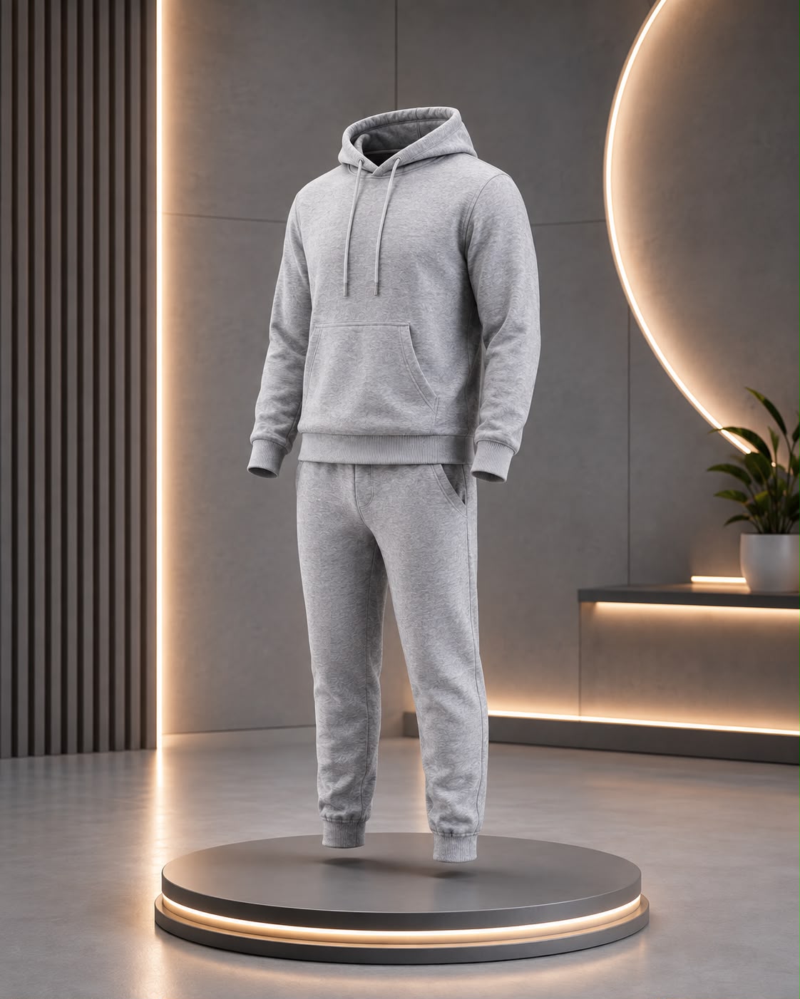 Premium light grey hoodie tracksuit featuring a pullover hoodie with adjustable drawstrings, kangaroo pocket and matching tapered jogger pants. Clean, minimal design with a soft and modern look.