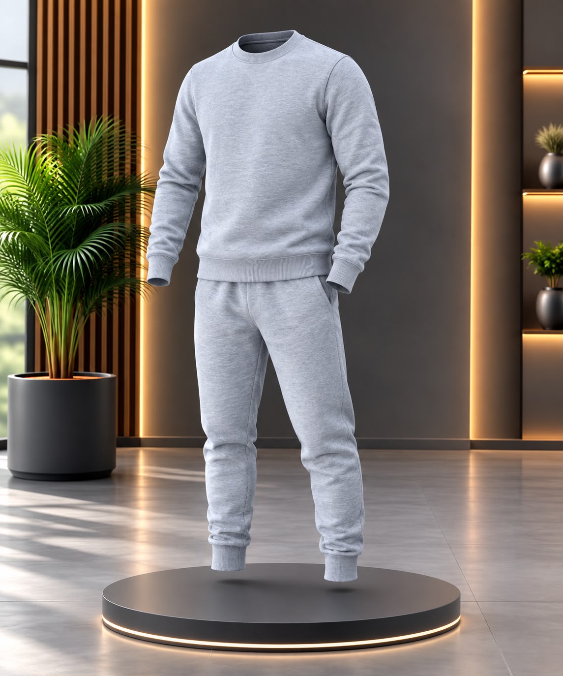 Premium light grey sweatshirt and jogger set featuring a classic crew-neck sweatshirt with matching tapered pants. Clean minimal design with a soft, modern and versatile look.