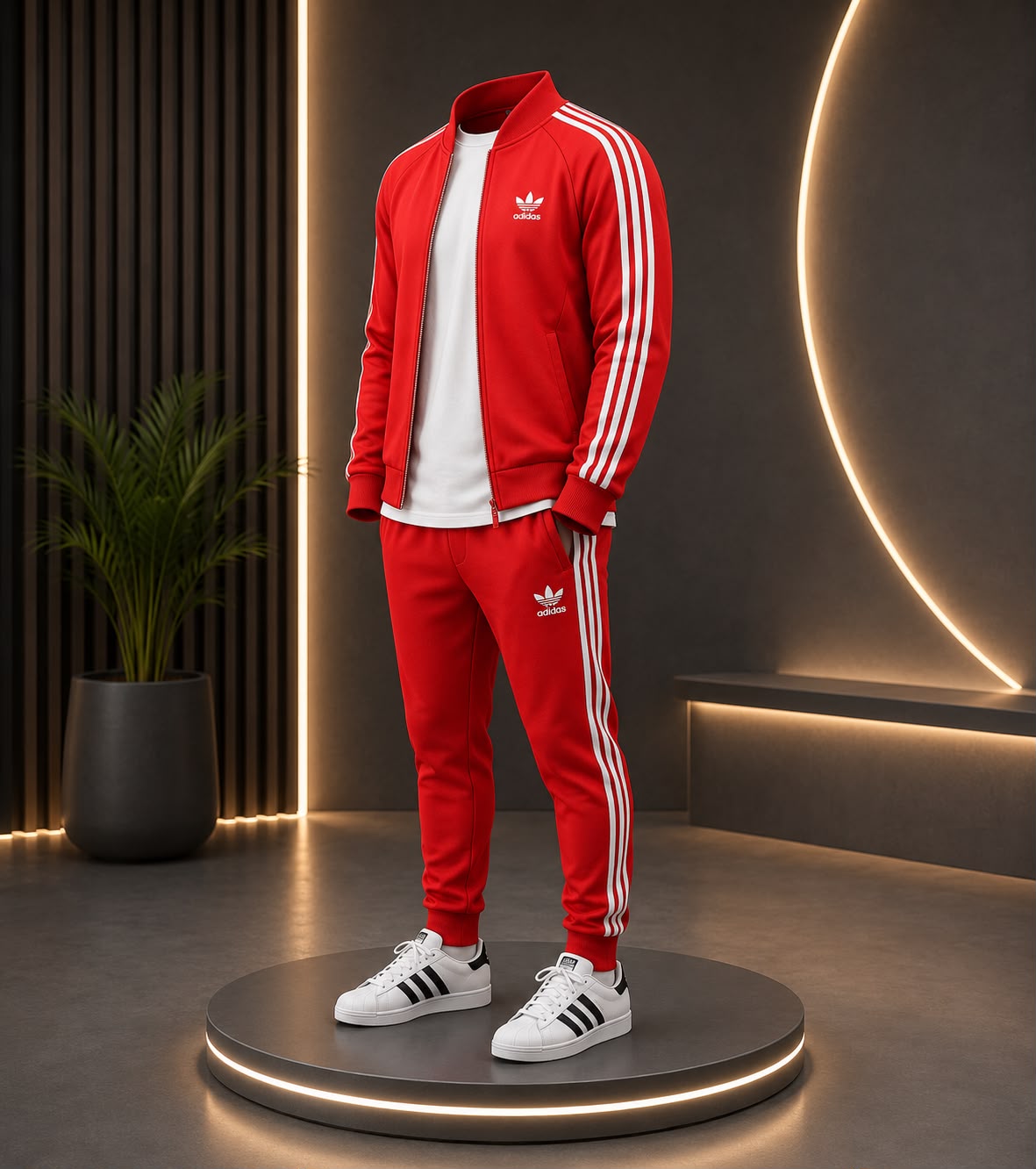 Premium red tracksuit with modern design matching zip-up jacket and tapered jogger pants